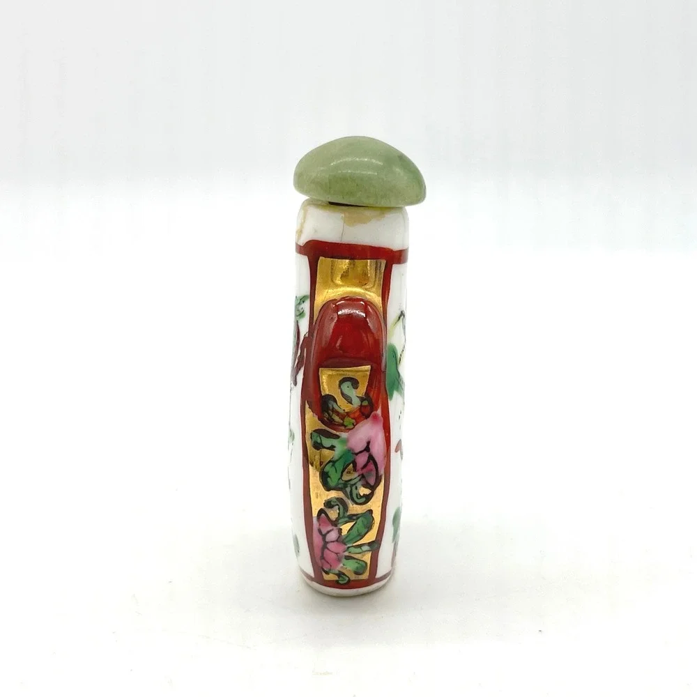 Vintage Ceramic Snuff‎ Bottle Green Dragon Jade Stopper Collectible Asian Art